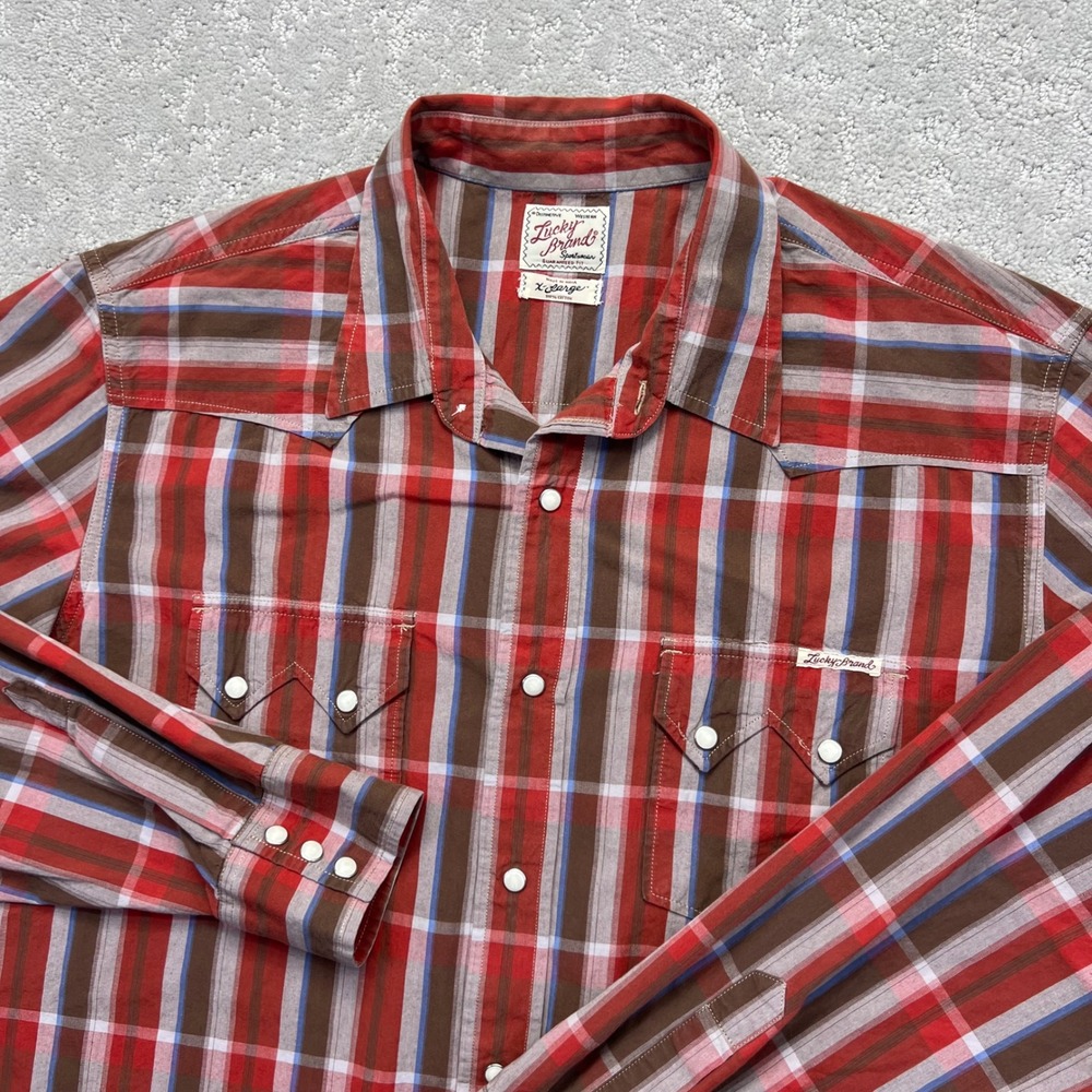 VINTAGE Lucky Brand Western Shirt XL Red‎ Plaid Pearl Snap Long Sleeve Cotton